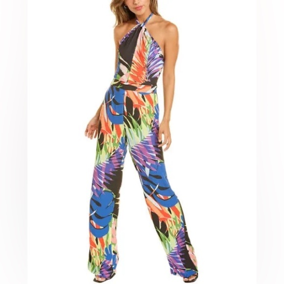 NWT Natori tropical Monstera Jumpsuit halter flare leg Retro - Picture 3 of 10